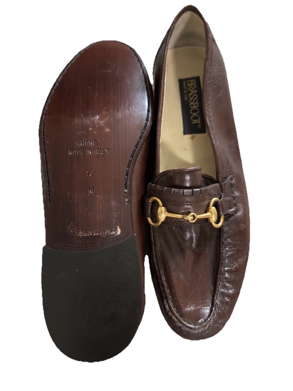 Vintage Brass Boot Brown Leather Horsebit Loafers Handmade in Italy Size 10 M
